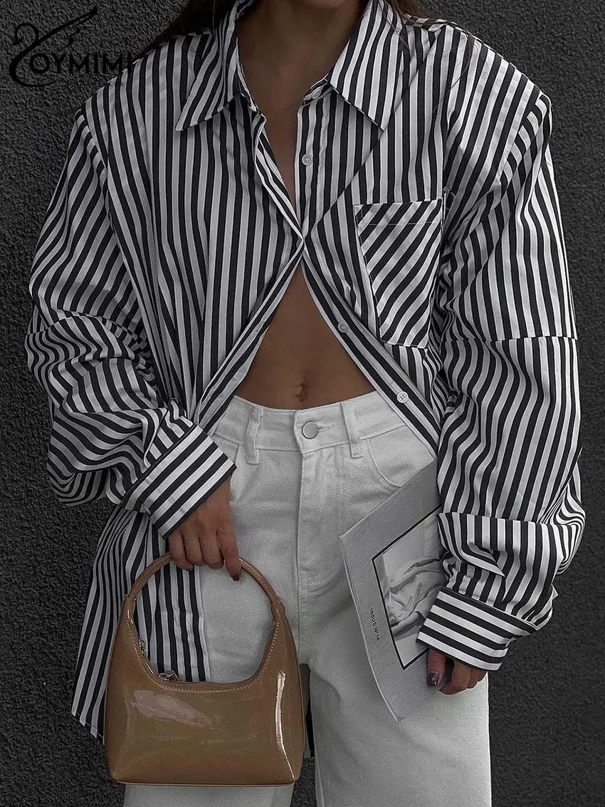 Oymimi Fashion Black Striped Print Women Shirts Elegant Long Sleeve Single Breasted Shirts Casual Pockets Lapel Blouses Female
Oymimi Fashion Black Striped Print Women Shirts Elegant Long Sleeve Single Breasted Shirts Casual Pockets Lapel Blouses Female