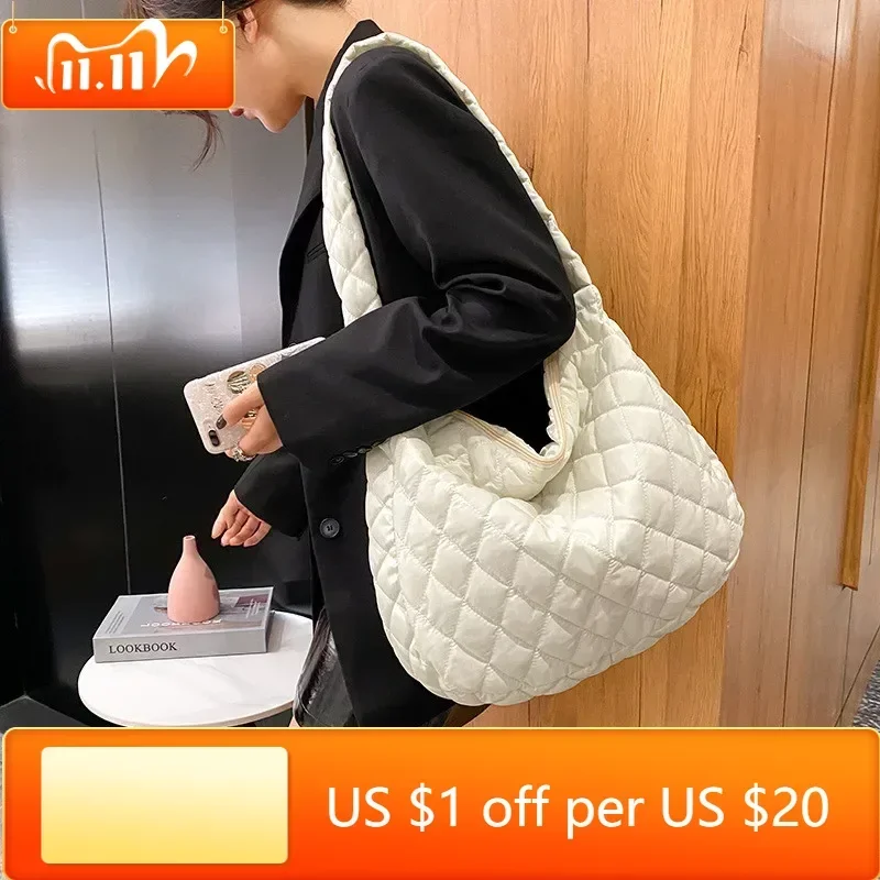 

2022 Lattice Pattern Shoulder Bag Space Cotton Handbag Women Large Capacity Tote Bags Feather Padded Ladies Quilted Shopper Bag