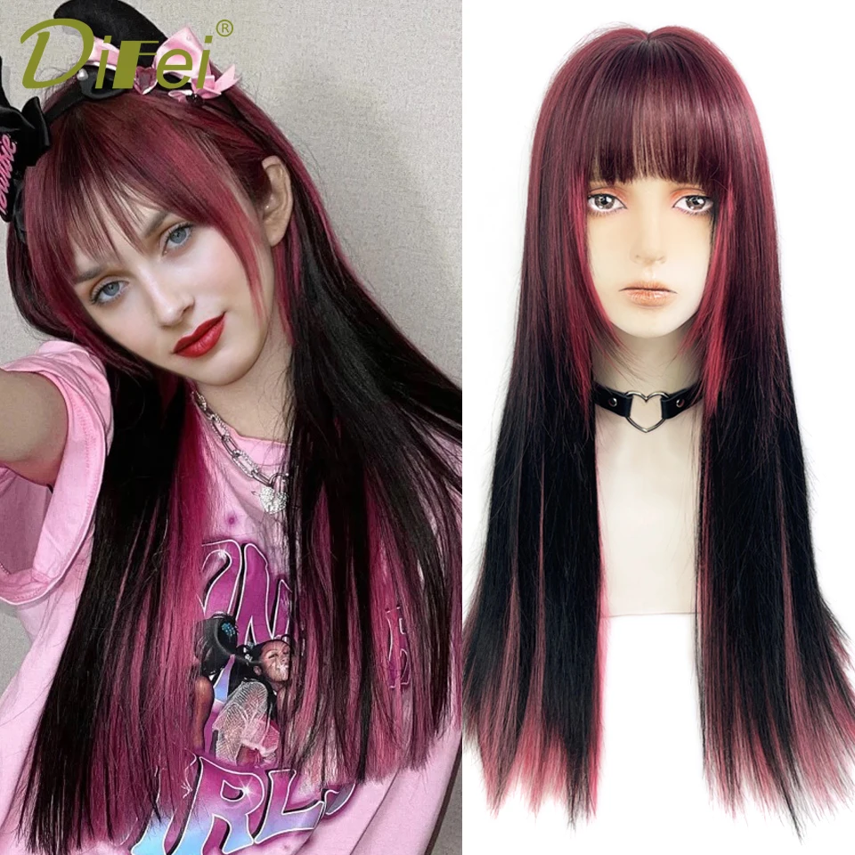 

DIFEi Synthetic Lolita Wigs Long Straight Black Pink Wig With Bangs Cosplay Wig Female Highlight Wig Heat-Resistant Woman Wigs
