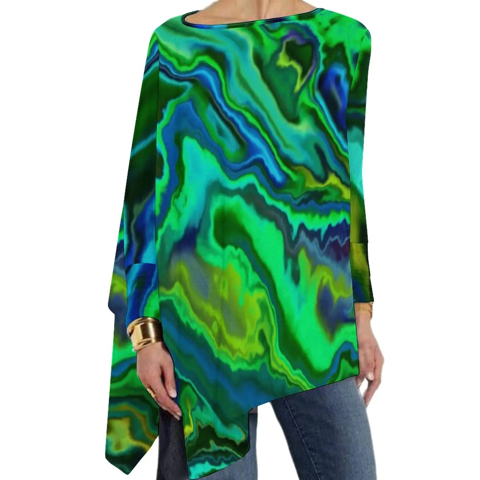 Женская свободная футболка с абстрактным принтом, зеленая футболка с длинным рукавом, большие размеры