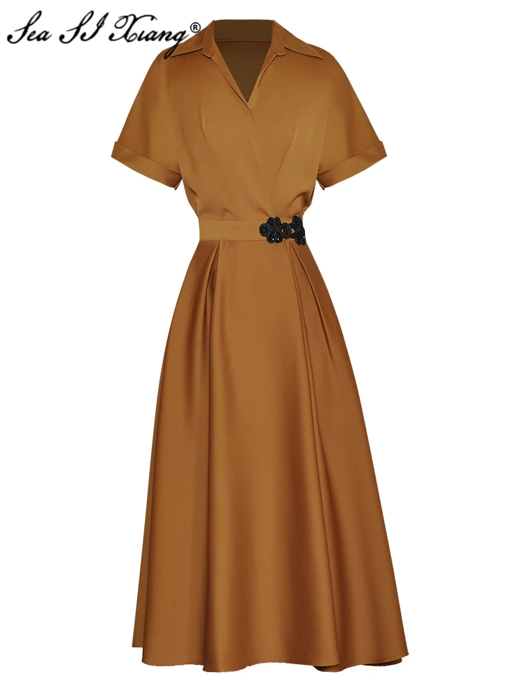Seasixiang Fashion Designer Summer Dress Women V-Neck Short Sleeve Beading Button Solid Office Lady Midi Dresses
Seasixiang Fashion Designer Summer Dress Women V-Neck Short Sleeve Beading Button Solid Office Lady Midi Dresses