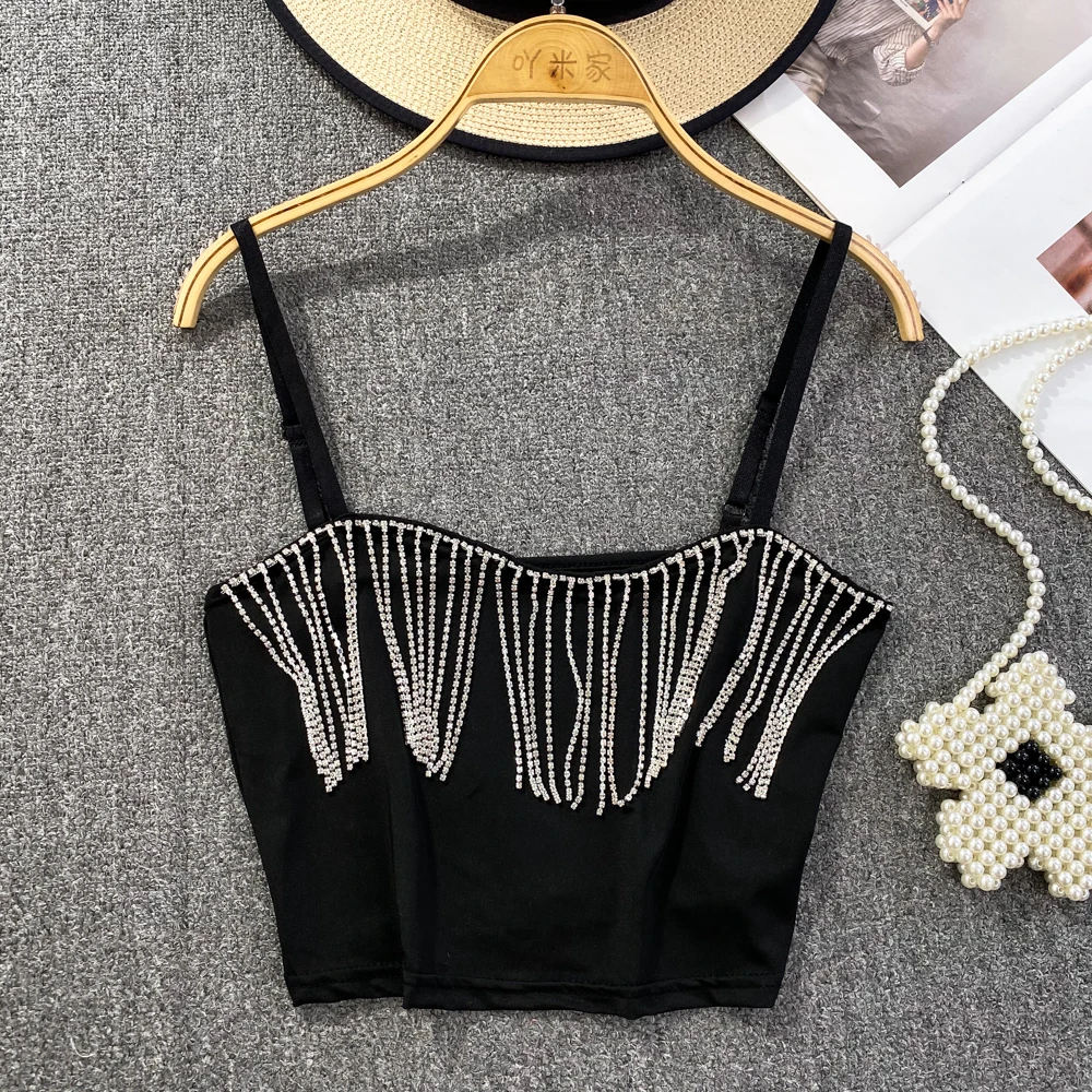 Summer New Women's Tassel Camis Black Sleeveless Crop Top Basic Vest Slim Backless Korean Fashion Diamond Insert Tank Tops Y2k
Summer New Women's Tassel Camis Black Sleeveless Crop Top Basic Vest Slim Backless Korean Fashion Diamond Insert Tank Tops Y2k