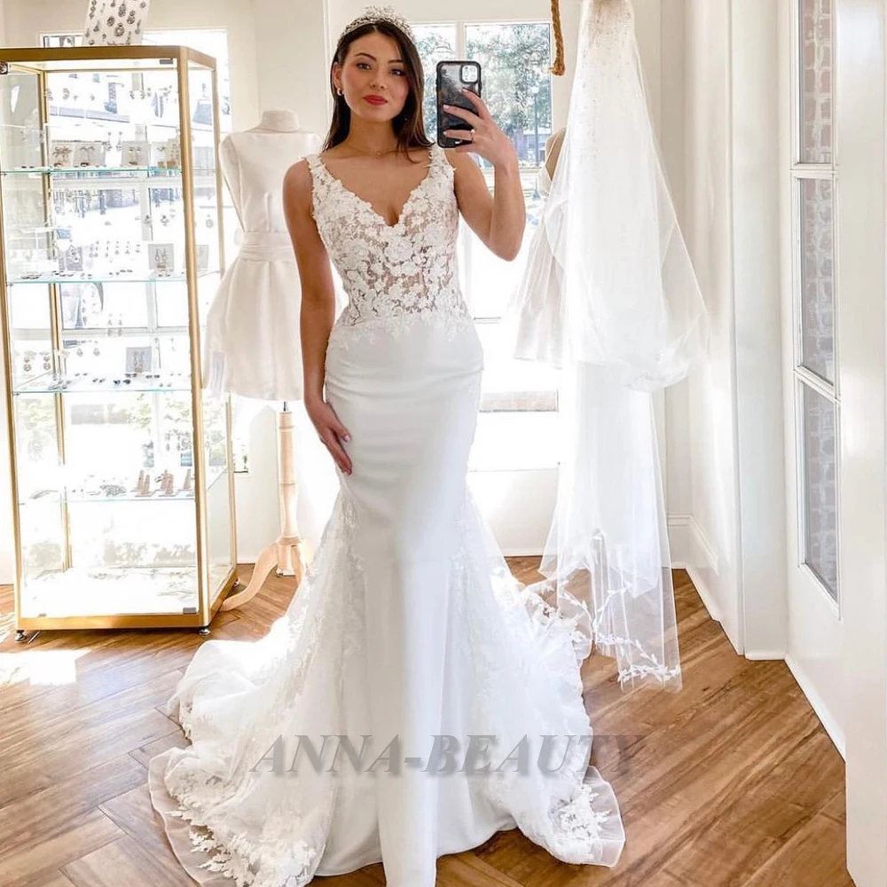 

Anna Charming Appliques Mermaid Wedding Dresses For Bride Tank Classic Sleeveless Court Train Backless Vestido De Casamento