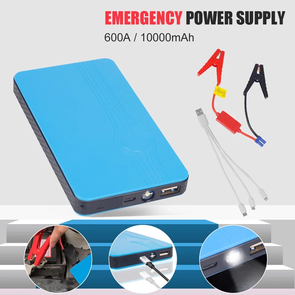 

10000mAh Car Battery Jump Starter Power Bank 12V 600A Emergency Booster Starting Device w/ Flashlight USB Port for 2.0L Gasoline