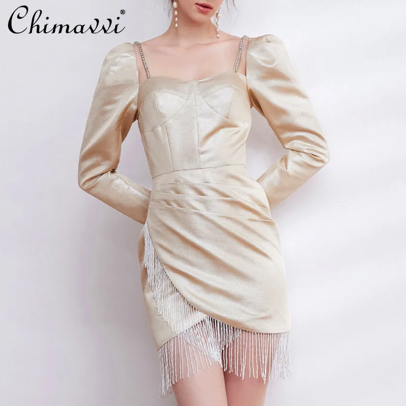 Thai Fashion Women's 2022 Spring Fashion Solid Above Knee Dress Ladies Western Style Elegant Beaded Tassel A-line Evening Dress
Thai Fashion Women's 2022 Spring Fashion Solid Above Knee Dress Ladies Western Style Elegant Beaded Tassel A-line Evening Dress