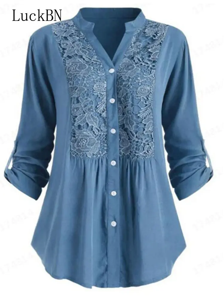 Lace Splice Large Size Women's Shirt Autumn New V-Neck Long Sleeve Blouses Loose Top Women Fashion Shirts 2022 Tops Mujer Blue
Lace Splice Large Size Women's Shirt Autumn New V-Neck Long Sleeve Blouses Loose Top Women Fashion Shirts 2022 Tops Mujer Blue