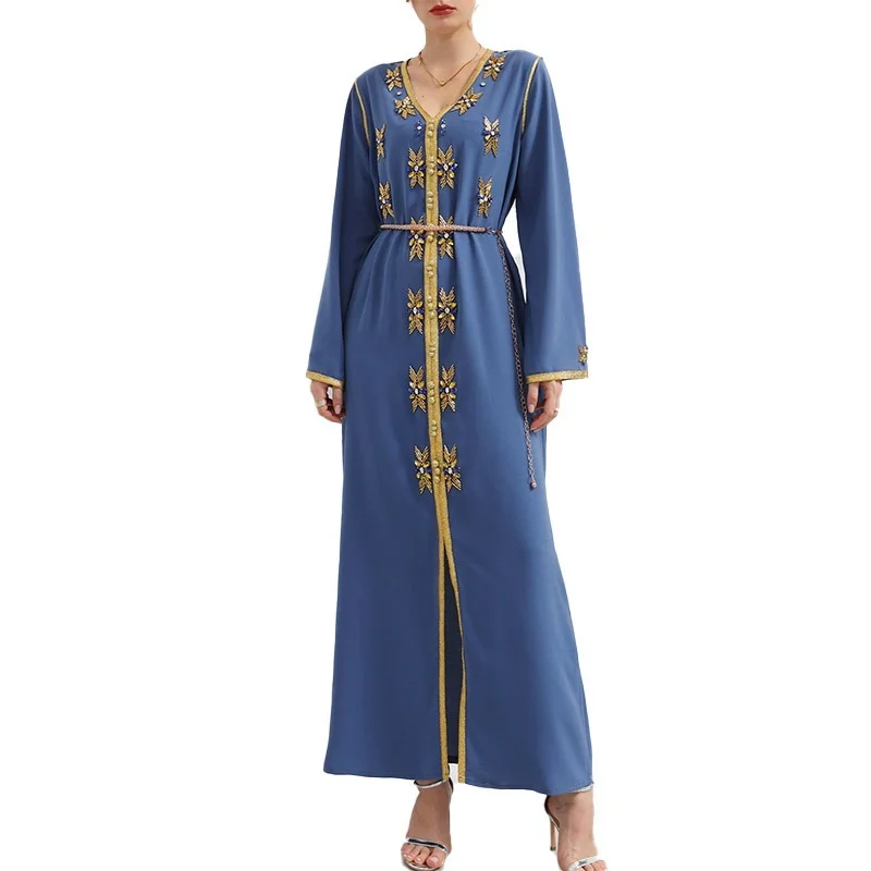 

Autumn And Winter Heavy Industry Hand-stitched Gold-rimmed V-neck Gold Tube Rhinestone Robe And Middle East Party Festival Dress