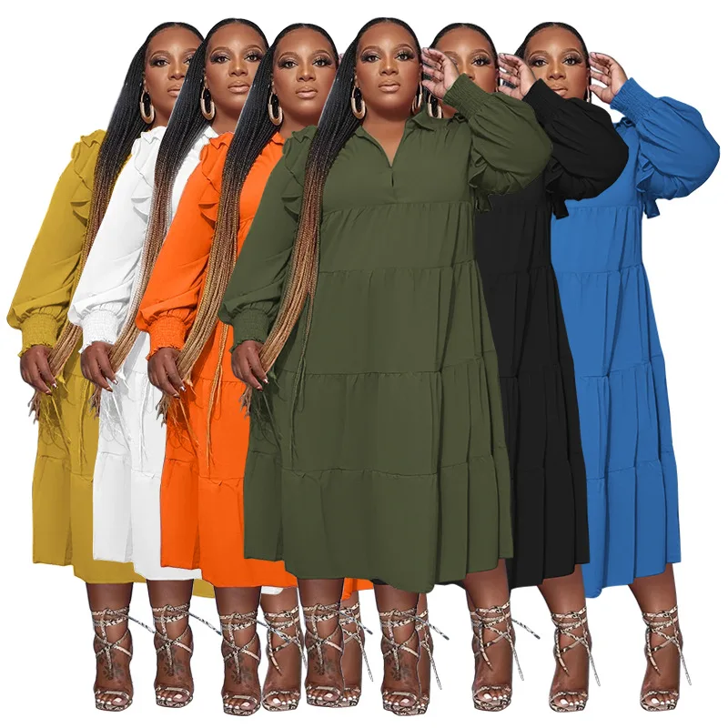 Женское платье-рубашка с воланом, длинным рукавом и широким подолом
Женское платье-рубашка с воланом, длинным рукавом и широким подолом