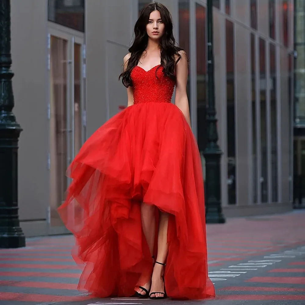 Short Front Long Back Red Prom Dresses Women Formal Party Vestidos De Gala Simple Sweetheart Beaded Tulle Red Evening Gowns
Short Front Long Back Red Prom Dresses Women Formal Party Vestidos De Gala Simple Sweetheart Beaded Tulle Red Evening Gowns