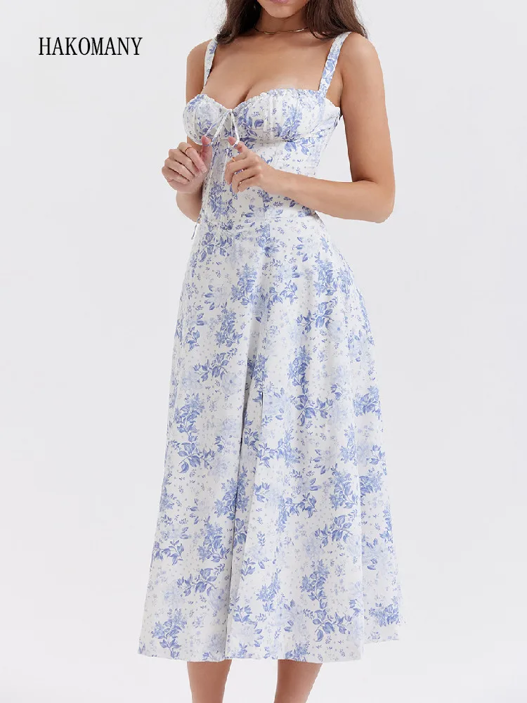 

Sexy Bow Ruched Chest Hem Slit A-Lined Midi Robe Cross Lacing up Bandage Back Blue White Flower Print Corset Style Sling Dress