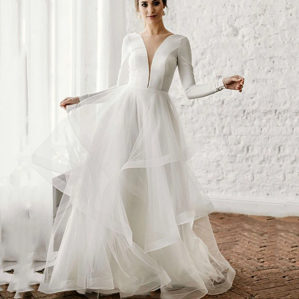 

Женское свадебное платье It's yiiya, Белое Атласное Платье трапециевидной формы с глубоким V-образным вырезом, длинными рукавами и открытой спин...