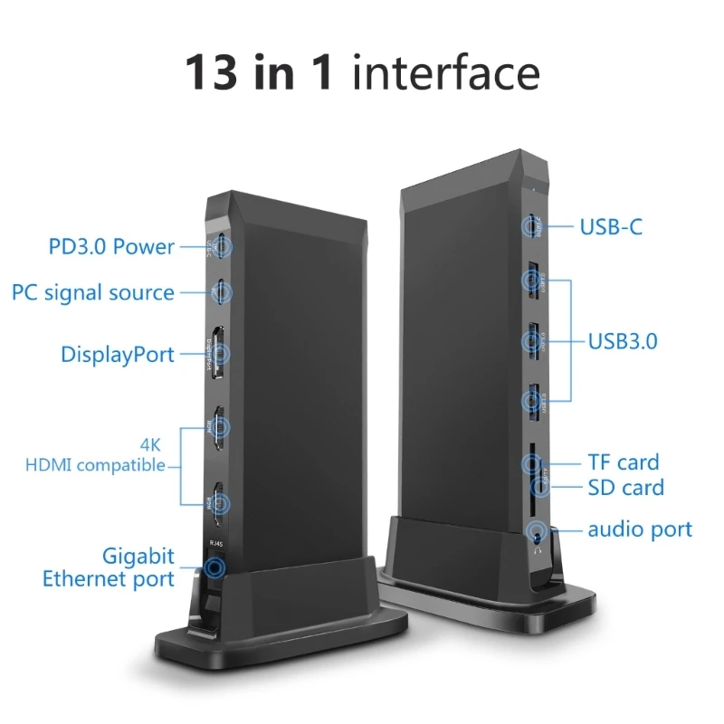 13-in-1 Docking Station Type-C HUB Vertical Multi-interfaces 4K30hz RJ45 VGA 1000M USB3.0 Power Adapter For Computer
13-in-1 Docking Station Type-C HUB Vertical Multi-interfaces 4K30hz RJ45 VGA 1000M USB3.0 Power Adapter For Computer