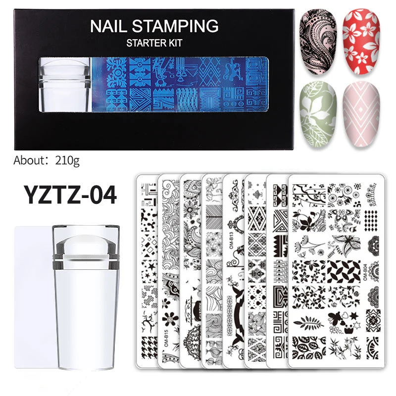 

8Pcs Nail Art Stamp Plate Set Stamping Gel Polish Silicone Stamper Scraper Image Print Template Stencils Manicure Starter Kit