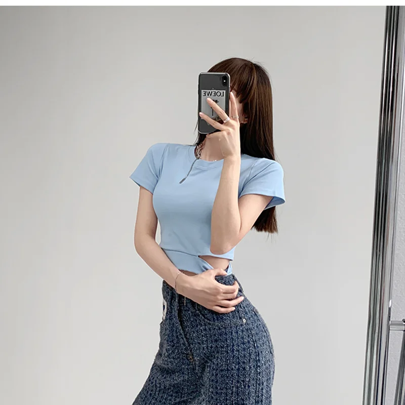 Irregular Split Open Waist Short Sleeve T-shirt Women's Summer Solid Round Neck Short Navel Exposure Sports Bottom Top 2023 New
Irregular Split Open Waist Short Sleeve T-shirt Women's Summer Solid Round Neck Short Navel Exposure Sports Bottom Top 2023 New