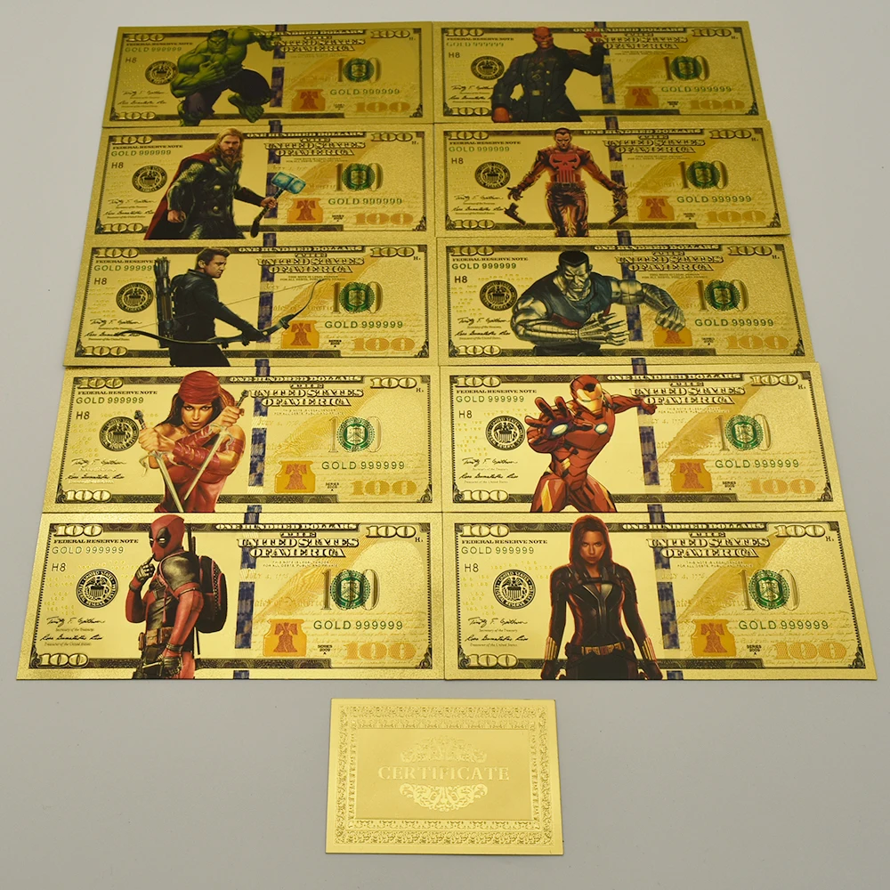 10pcs/set Superhero Gold Foil Banknotes Film and Television Peripheral $100 Crafts Commemorative Collection Gifts
10pcs/set Superhero Gold Foil Banknotes Film and Television Peripheral $100 Crafts Commemorative Collection Gifts