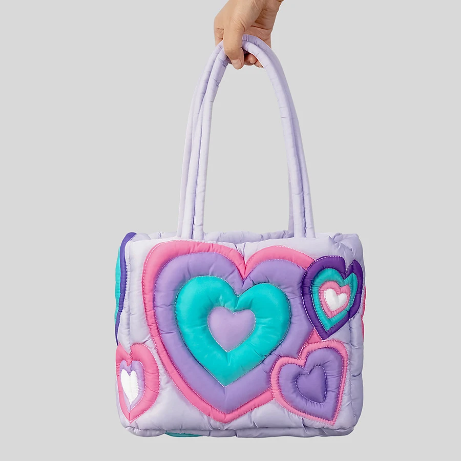 Casual Colorful Heart Padded Women Shoulder Bags Designer Quilted Lady Handbags Nylon Down Cotton Tote Bag Sweet Puffy Purses 
Casual Colorful Heart Padded Women Shoulder Bags Designer Quilted Lady Handbags Nylon Down Cotton Tote Bag Sweet Puffy Purses