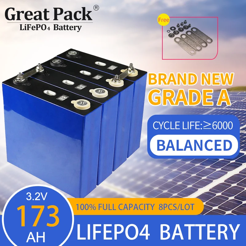 LiFePO4 8PCS 3.2V 173Ah Rechargeable Brand New Grade A Battery Cell 100% Full Capacity Lithium Ion Solar Power Bank for RV
LiFePO4 8PCS 3.2V 173Ah Rechargeable Brand New Grade A Battery Cell 100% Full Capacity Lithium Ion Solar Power Bank for RV
