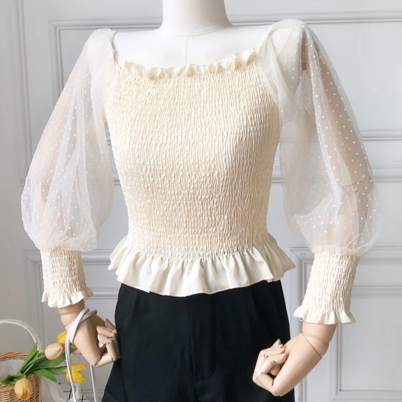 Sweet Style Slash Neck Blouse Woman Mesh Patchwork Dot Long Puff Sleeve Blouses Female Elastic Shirt Top Women Dropshipping
Sweet Style Slash Neck Blouse Woman Mesh Patchwork Dot Long Puff Sleeve Blouses Female Elastic Shirt Top Women Dropshipping