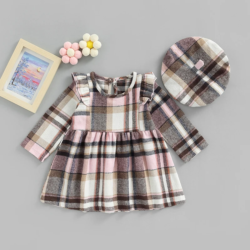 Kids Girls Casual Dress Baby's Clothes Plaid Printed Long Sleeve Round Neck Ruffle Dress with Beret Children's Clothing Set
Kids Girls Casual Dress Baby's Clothes Plaid Printed Long Sleeve Round Neck Ruffle Dress with Beret Children's Clothing Set