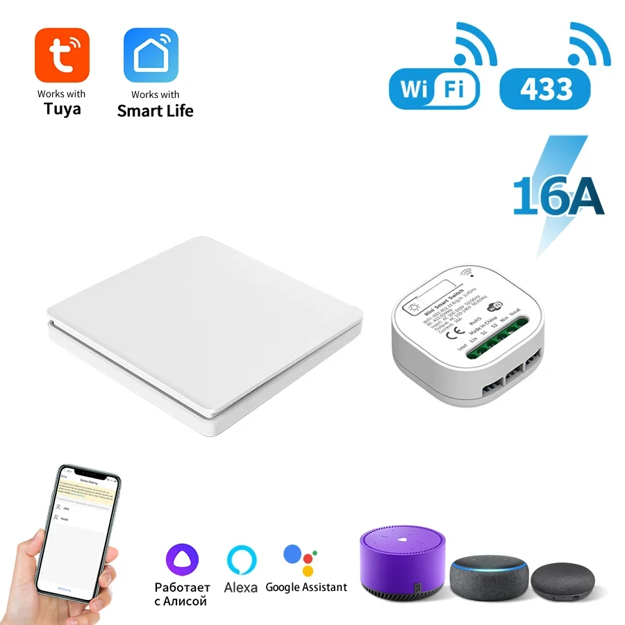 Умный автономный беспроводной настенный выключатель Tuya, Wi-Fi, без дистанционного управления, требуется батарея 433 МГц для Alexa Google Home
Умный автономный беспроводной настенный выключатель Tuya, Wi-Fi, без дистанционного управления, требуется батарея 433 МГц для Alexa Google Home