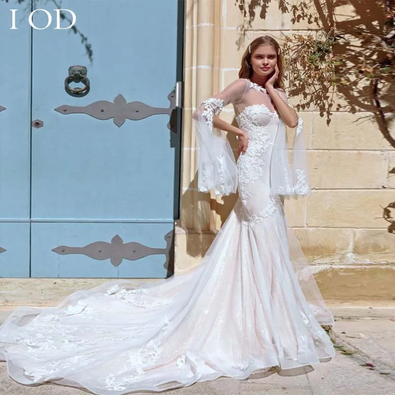 I OD Elegant Tulle Mermaid Wedding Dress Women O-Neck Long Sleeves Lace Appliques Bridal Gown Illusion Button Robe De Mariee New
I OD Elegant Tulle Mermaid Wedding Dress Women O-Neck Long Sleeves Lace Appliques Bridal Gown Illusion Button Robe De Mariee New