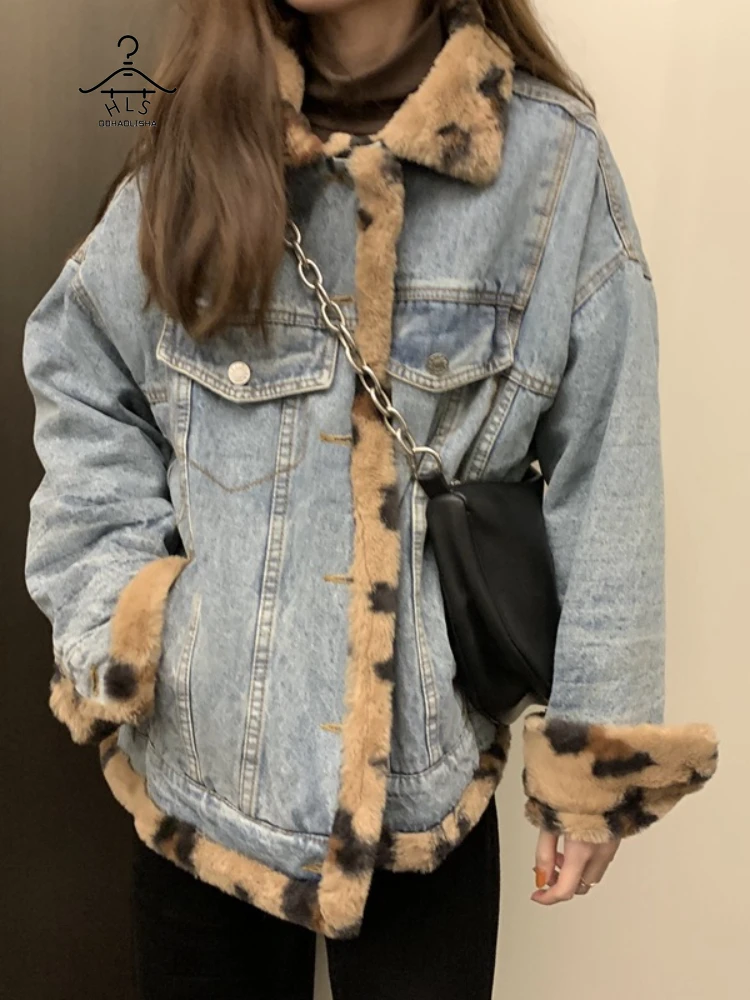 Women Denim Coat Parkas Both Sides Wear Korean Style Loose Slim Leopard Pattern Imitation Rabbit Fur Coat Winter Women Clothes
Women Denim Coat Parkas Both Sides Wear Korean Style Loose Slim Leopard Pattern Imitation Rabbit Fur Coat Winter Women Clothes