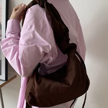Nylon Drawstring Wide Shoulder Strap Crossbody Bag Women Solid Casual Korean Designer Shoulder Bags Simple Shirred Underarm Bag