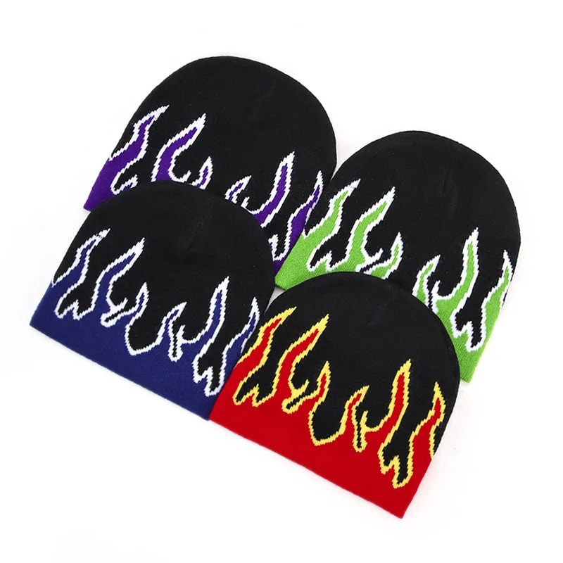 

New Hot Fashion Brand Autumn Street Dance Skull Fire Hell Burn Flames Hot Trend Hip Hop Knitted Soft WearBonnet Beanie Hat