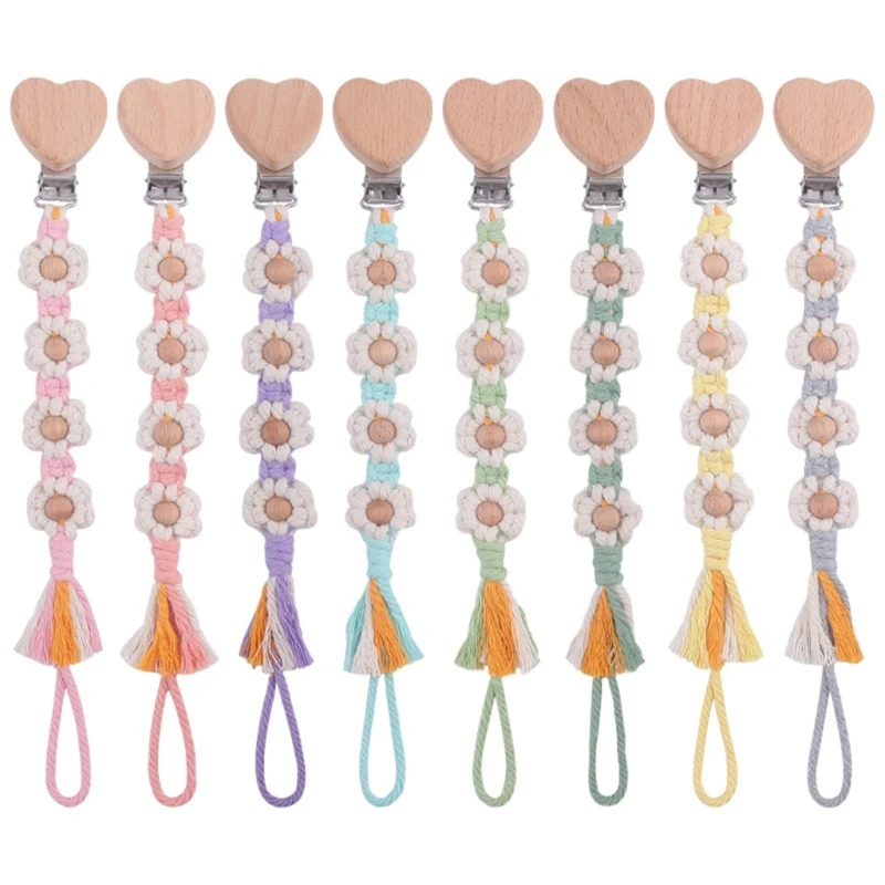 Q81A Cotton Rope Soother Chain with Floral Design Handmade Wood Woven Pacifier Clip Strap Baby Pacifier Chain for Soother
Q81A Cotton Rope Soother Chain with Floral Design Handmade Wood Woven Pacifier Clip Strap Baby Pacifier Chain for Soother