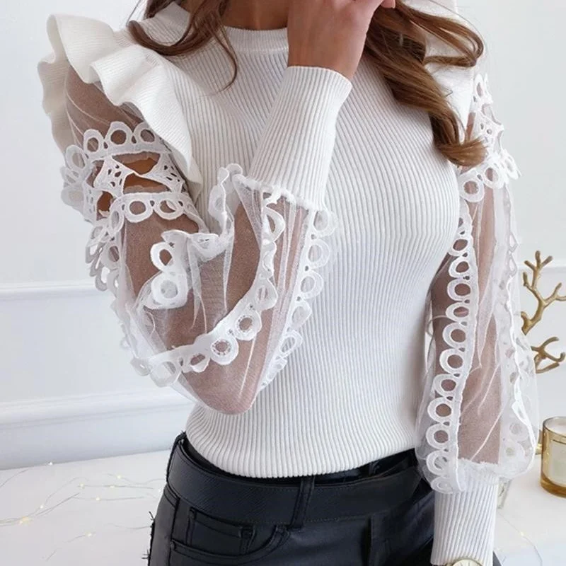 Ruffles Decor See Through O-Neck Long Sleeve Solid Pullovers Top Fashion Women Spring Autumn T-Shirts Mesh Patchwork Design Lace
Ruffles Decor See Through O-Neck Long Sleeve Solid Pullovers Top Fashion Women Spring Autumn T-Shirts Mesh Patchwork Design Lace