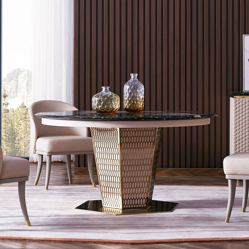 Italian luxury marble dining table light luxury modern new stainless steel round dining table and chairs combination
Italian luxury marble dining table light luxury modern new stainless steel round dining table and chairs combination