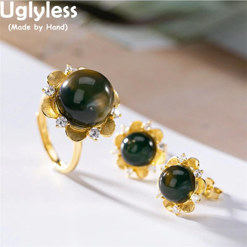 

Uglyless Romantic Floral Jewelry Sets Women Natural Blue Amber Flowers Studs Earrings Rings Zircons Crystals 925 Silver Brincos