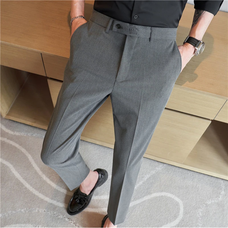 

Korean Style Thin Embroidered Nine Points Suit Trousers Men Stretch High Sense Small Feet Pants Slim Business Casual Suit Pants