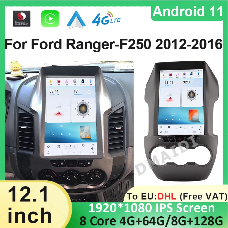 

Автомобильный радиоприемник для Ford Ranger F250 2012-2016, Qualcomm, 12,1 дюйма, Android 11, автомобильный стерео Мультимедийный Плеер, головное устройство, беспроводной Carplay