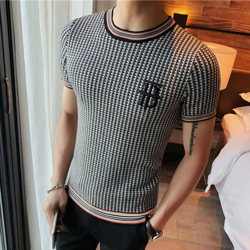 

Pullover British Thousand Style Bird Check Men T-shirt Embroidery Slim Fit Knitted T Shirt Men O-Neck Homme Social Club Outfits