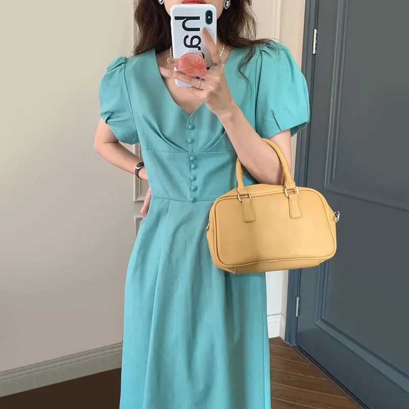 ZCSMLL Korean summer French minority V-neck button decoration, waist closing, slim, medium and long bubble sleeve dress, female
ZCSMLL Korean summer French minority V-neck button decoration, waist closing, slim, medium and long bubble sleeve dress, female