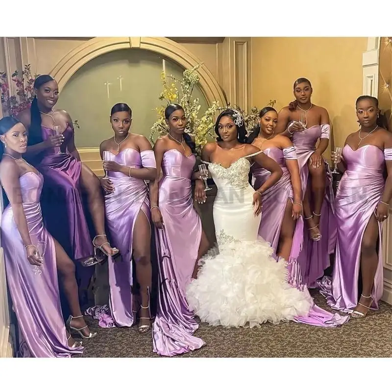 

Lilac Bridesmaid Dresses for African Women Sweetheart Wedding Party Dress One Shoulder Pleat High Side Slit Maxi Gown for Party