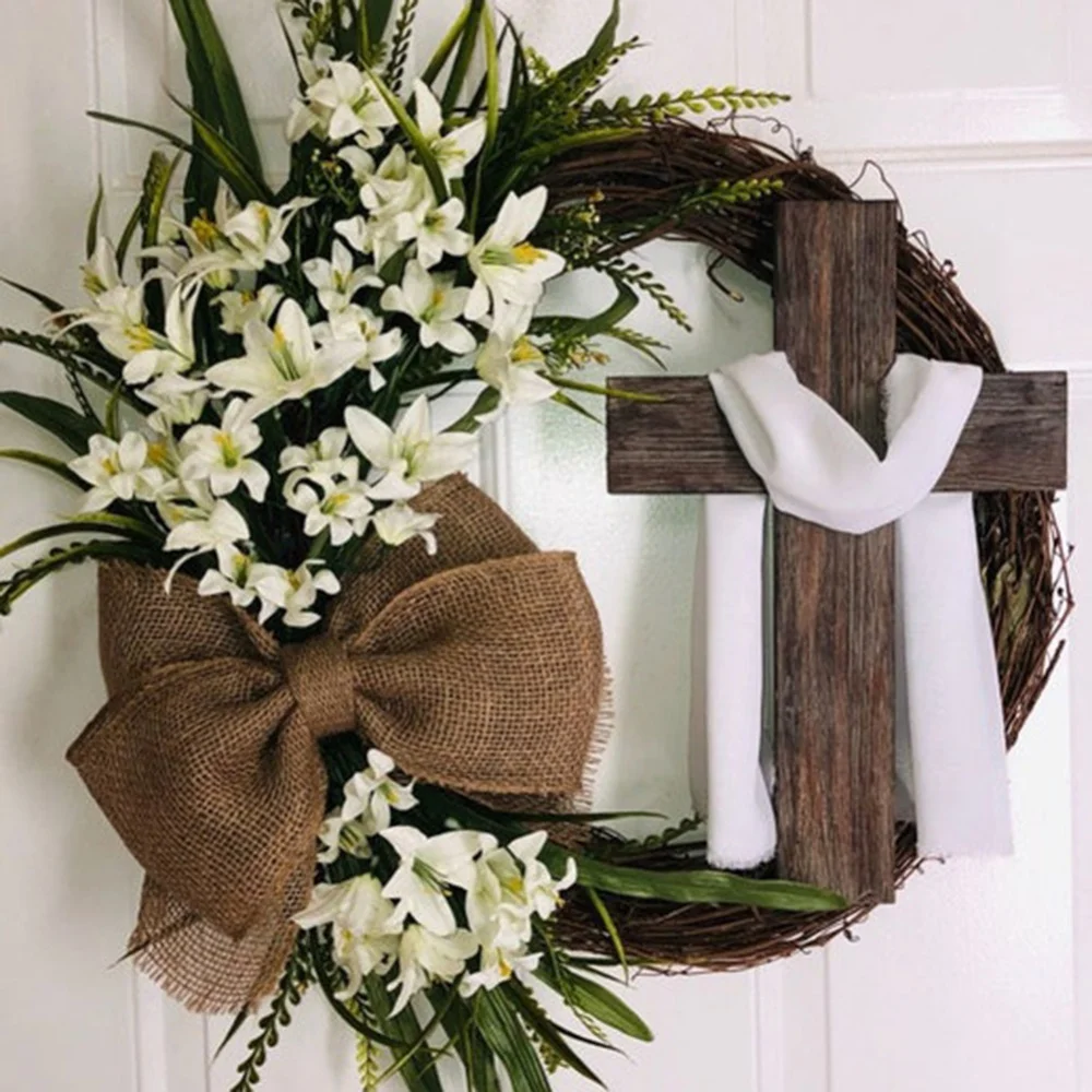 

Handmade Floral Wreath with Cross Farmhouse Decor Burlap Bow Rustic Grapevine Wreath DIY Easter Front Door Wreath Decoration