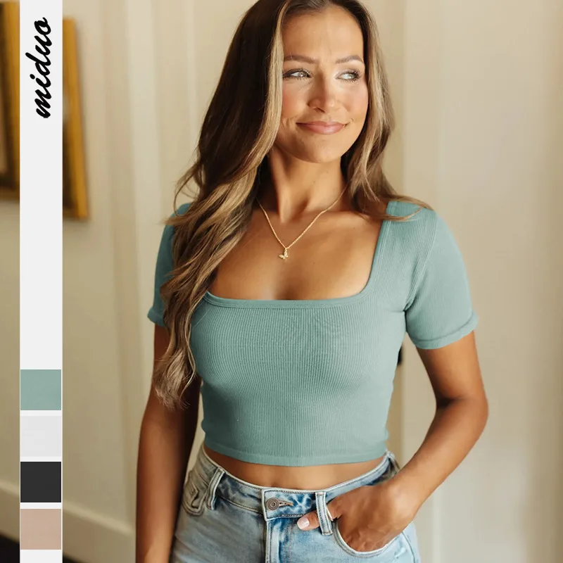 New summer women's dress square neck thread knitted ultra-short top slim cut exposed navel short-sleeved T-shirt
New summer women's dress square neck thread knitted ultra-short top slim cut exposed navel short-sleeved T-shirt