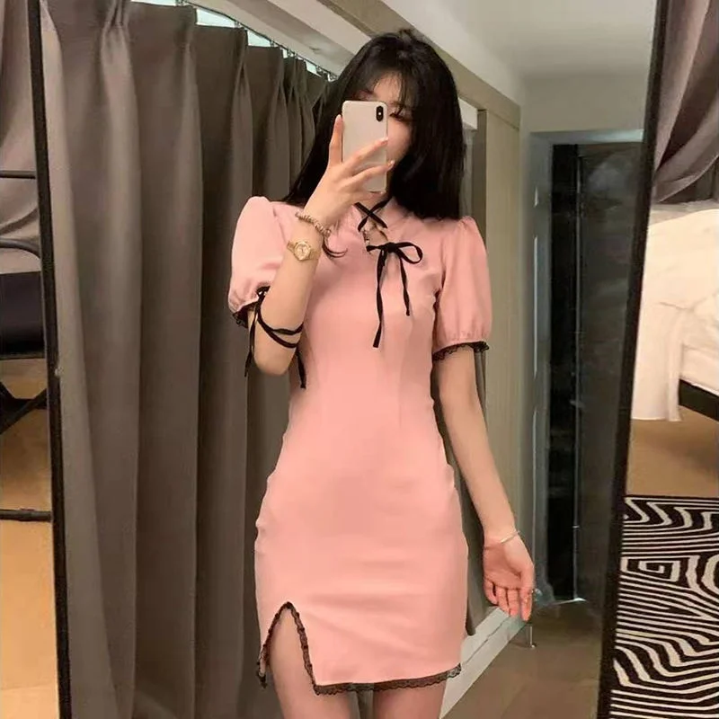 Sexy Puff Short Sleeve Dress Women Slim Belt Design Lace Stand Collar Side-slit Summer Mini Sweet Korean Style Vestidos Mujer 
Sexy Puff Short Sleeve Dress Women Slim Belt Design Lace Stand Collar Side-slit Summer Mini Sweet Korean Style Vestidos Mujer