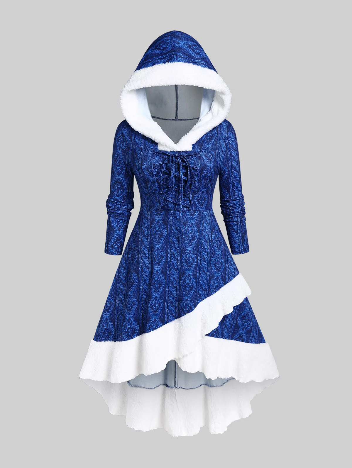 

ROSEGAL 3D Cable Knit Print Fluffy Trim Dresses Blue Vestidos 5XL Winter Hooded Lace-up Long Sleeve Asymmetrical Dress For Women