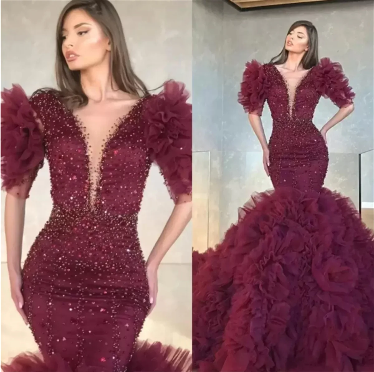 Mermaid Evening Dresses Wear for Women V Neck Half Sleeves Crystal Beaded Ruffles Tiered Floor Length Prom Party Gowns 2023
Mermaid Evening Dresses Wear for Women V Neck Half Sleeves Crystal Beaded Ruffles Tiered Floor Length Prom Party Gowns 2023