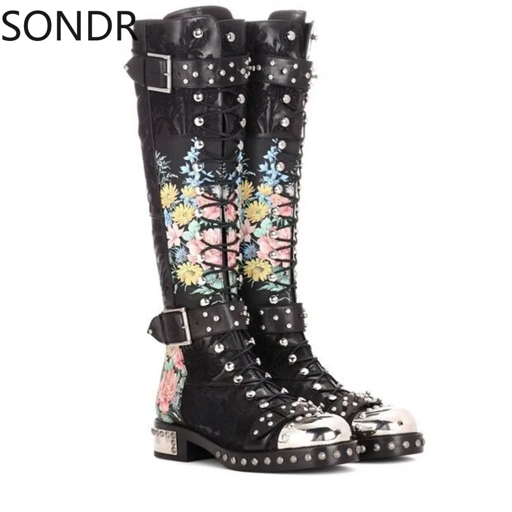 

Womens Punk Real Leather Rivet Studed Lace Up Knee High Thigh Boots Floral Printed Gothic Combat Military Shoes Punk Plus Size