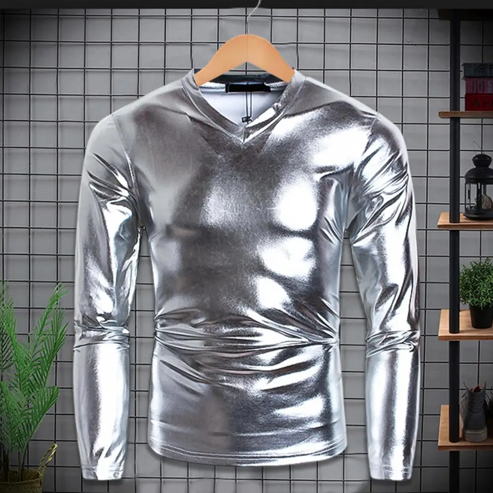 Men T-shirt Glossy Appearance Solid Color Long Sleeve Top V Neck Slim Fit T-shirt Nightclub Party Performance Costumes
Men T-shirt Glossy Appearance Solid Color Long Sleeve Top V Neck Slim Fit T-shirt Nightclub Party Performance Costumes