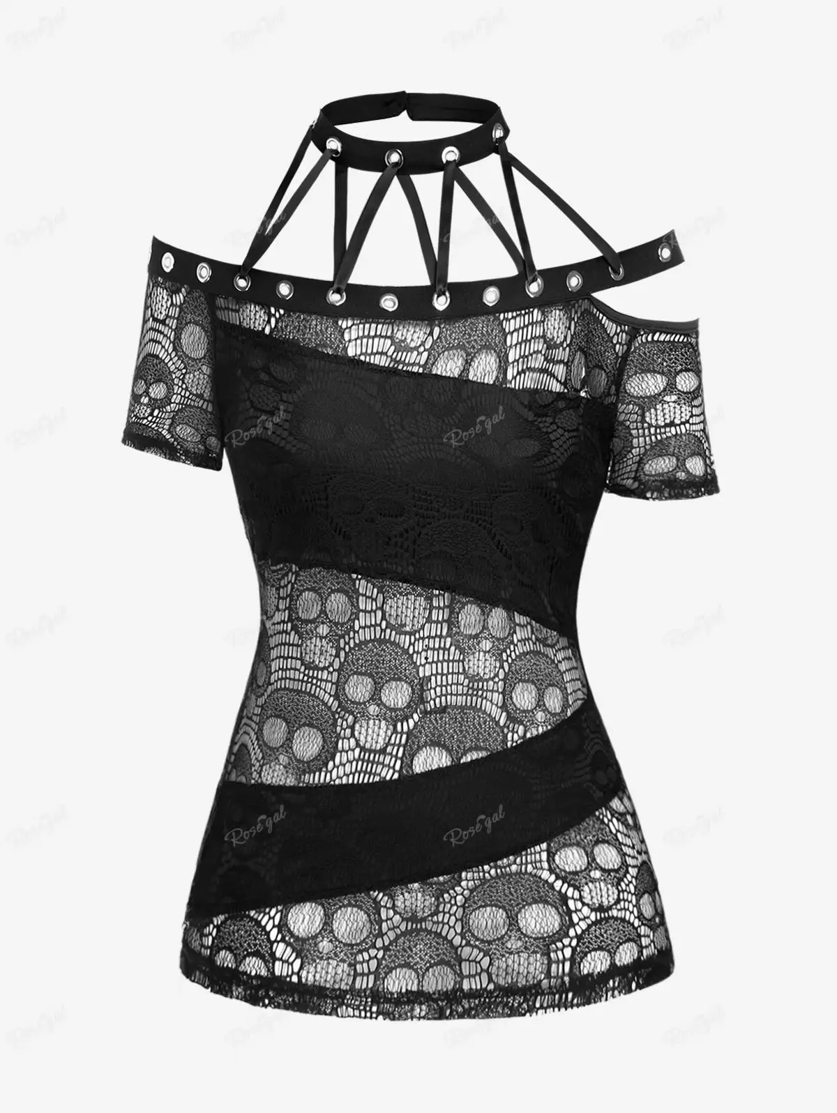 

ROSEGAL Plus Size Gothic Skull Lace Grommets Halter Neck Tops Women Summer Streetwear Sexy Sheer Lace-up Cutout T-shirt Black