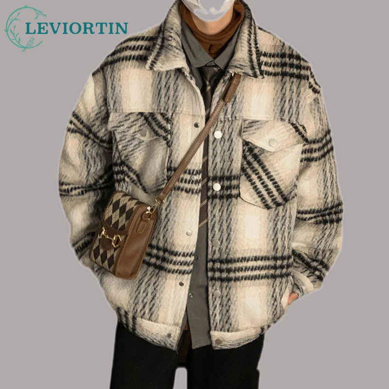

Vintage Woolen Jacket for Men Casual Loose Fitting Shirt Plaid Bomber Jacket Autumn Korea Styles Couple Woolen Jacket and Coat