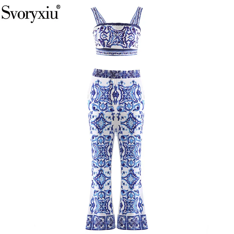 Svoryxiu Fashion Runway Summer Pants Suit Women Short Spaghetti strap Short Tops+Blue and White Porcelain Pants 2 Two Pieces Set
Svoryxiu Fashion Runway Summer Pants Suit Women Short Spaghetti strap Short Tops+Blue and White Porcelain Pants 2 Two Pieces Set