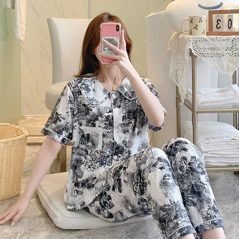 

2 Pieces Set Women's Pajamas Home Wear Clothe Summer Cute Pijama Loose Trouser Sets Korean Pajama Pants Sleepwear Nightshirt