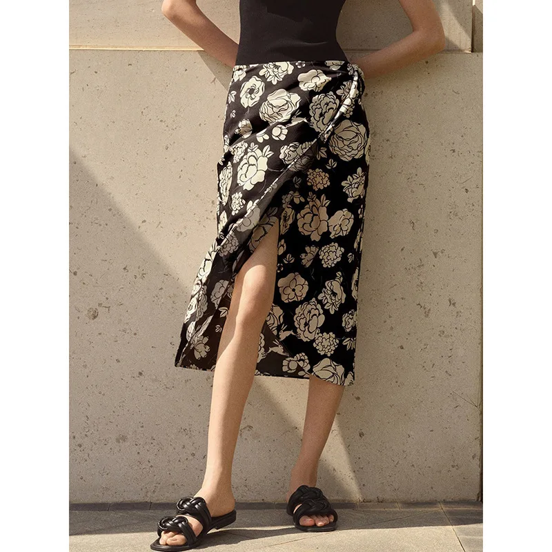 

Wenjiu Camellia Series Printed Lace-up Knot Wrapped Elegant Medium and Long Skirt Women Hip Black Flower Skirt Beach Skirt