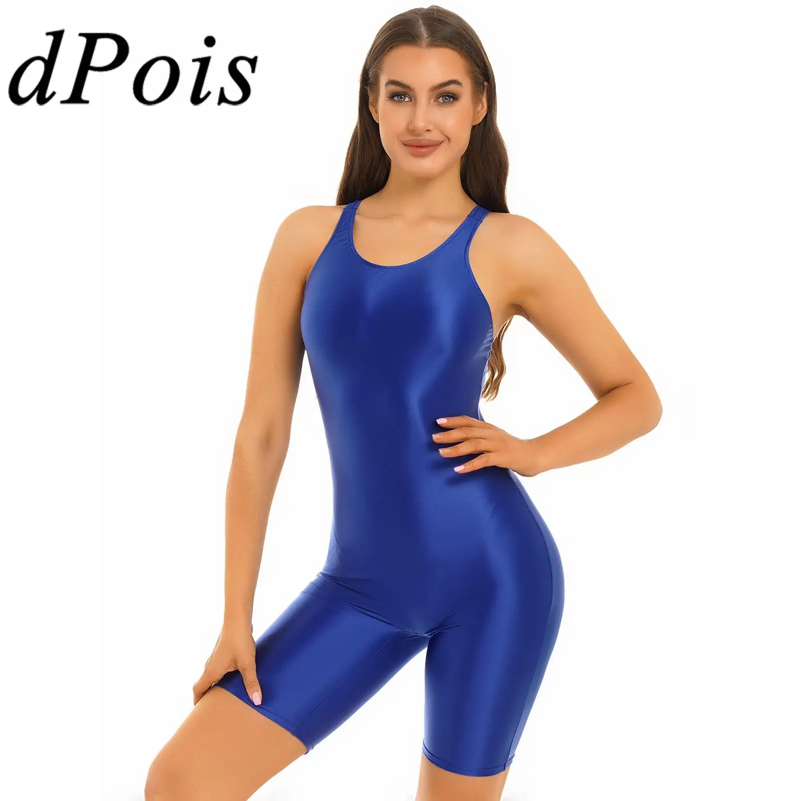 

Womens Glossy One-piece Lingerie Cutout Back Bodysuit Swimsuit Bathing Suit Sleeveless Gymnastics Unitard Leotard Clubwear